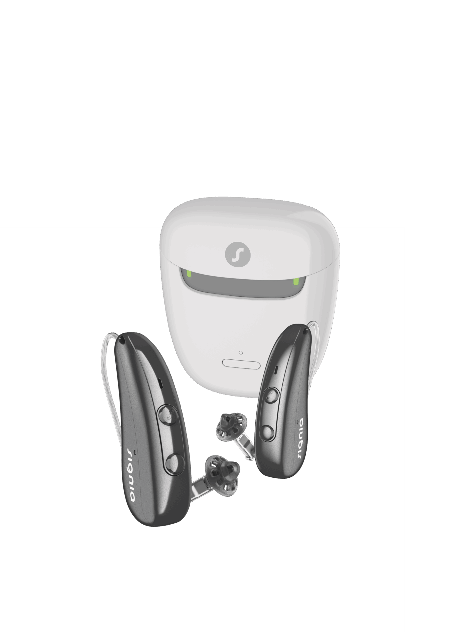 Zwei Signia Pure Charge&Go IX Hörgeräte mit Ladestation