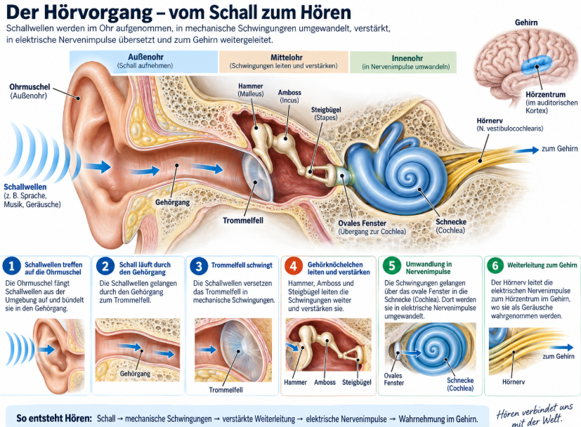 Anschauliche Darstellung von Außenohr, Mittelohr und Innenohr beim Hörvorgang