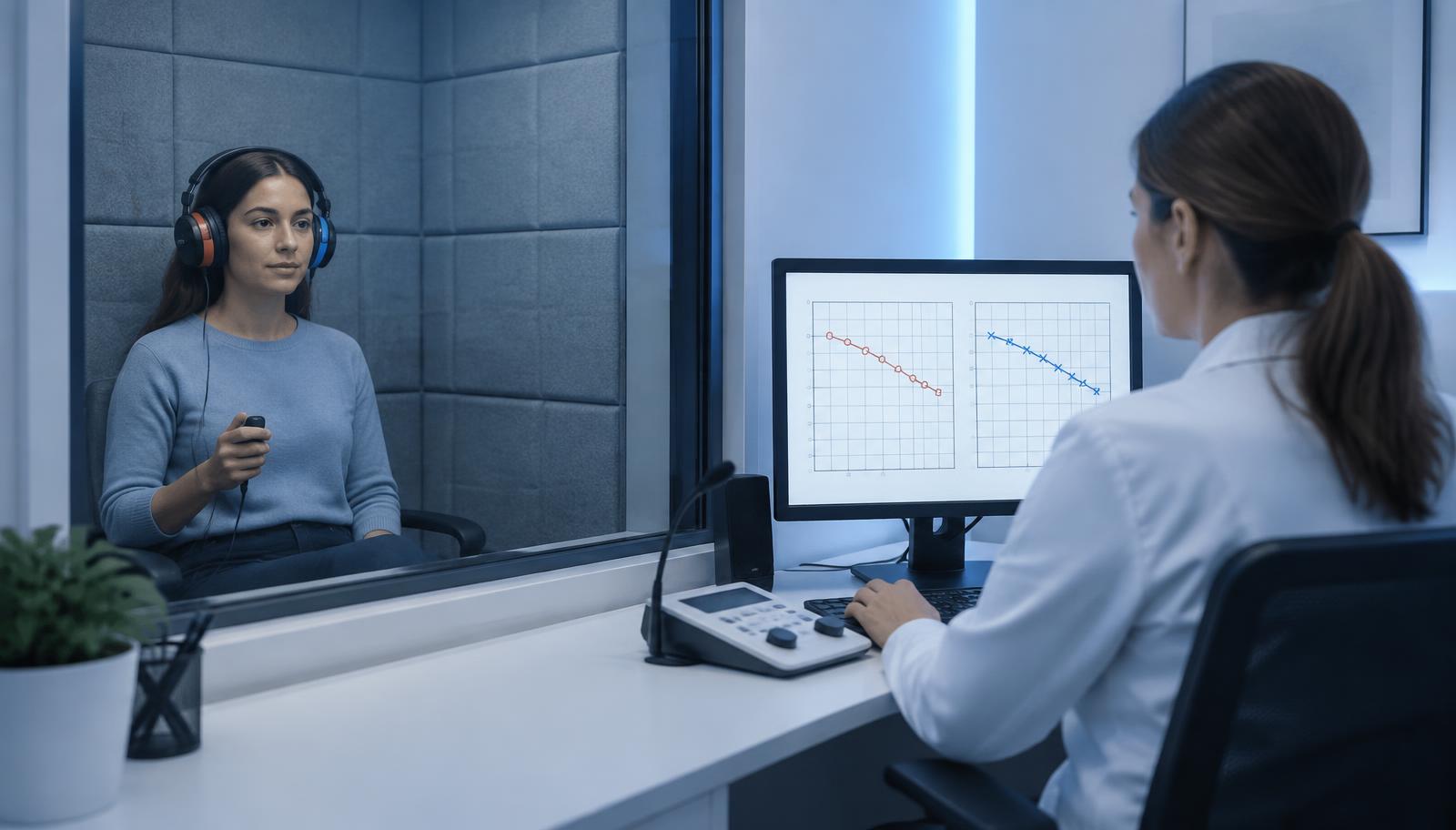 Hörtest in der schallgedämmten Kabine mit Audiogramm am Bildschirm