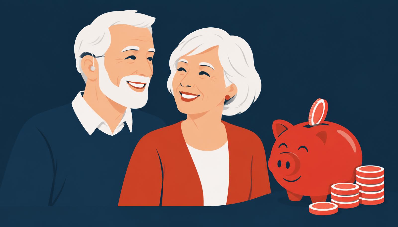 Grafik: Pensionistenpaar mit Hörgerät und Sparschwein – Hörgerätekosten und Zuschuss