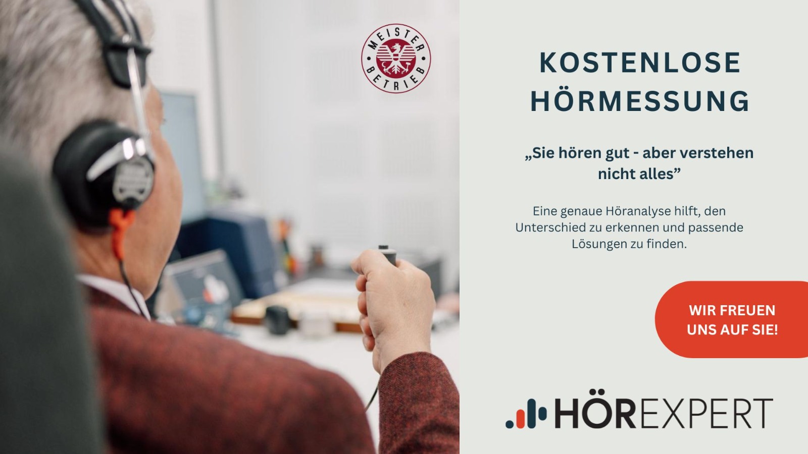 Hörexpert-Motiv zur kostenlosen Hörmessung mit einer Person, die Kopfhörer trägt